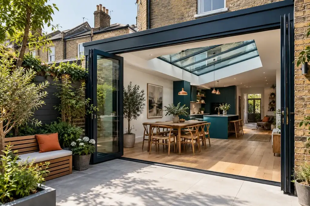 Open bi-fold doors leading from a paved garden into a kitchen and dining extension with roof glazing