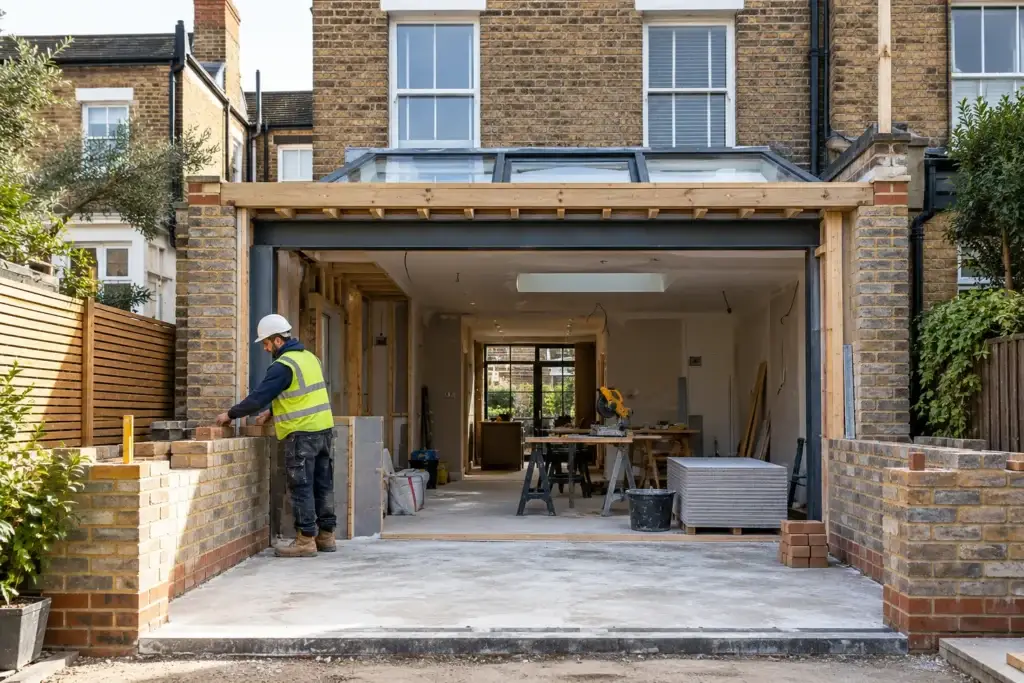 Rear extension under construction with new brickwork, steel beam and roof glazing in place