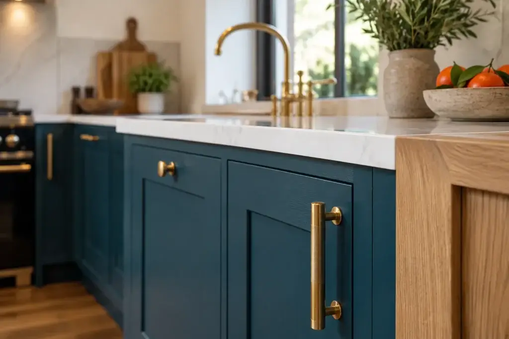 Close view of teal painted shaker cabinet door with knurled brass handle and oak end panel