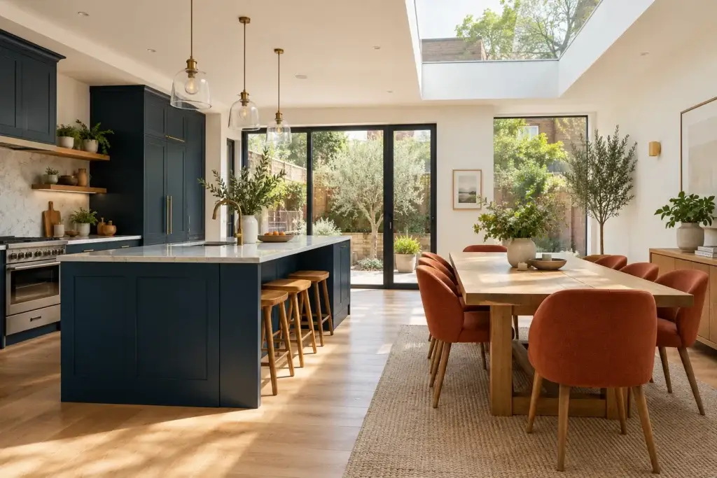 Navy kitchen island with glass pendants beside an oak dining table and terracotta chairs under a rooflight