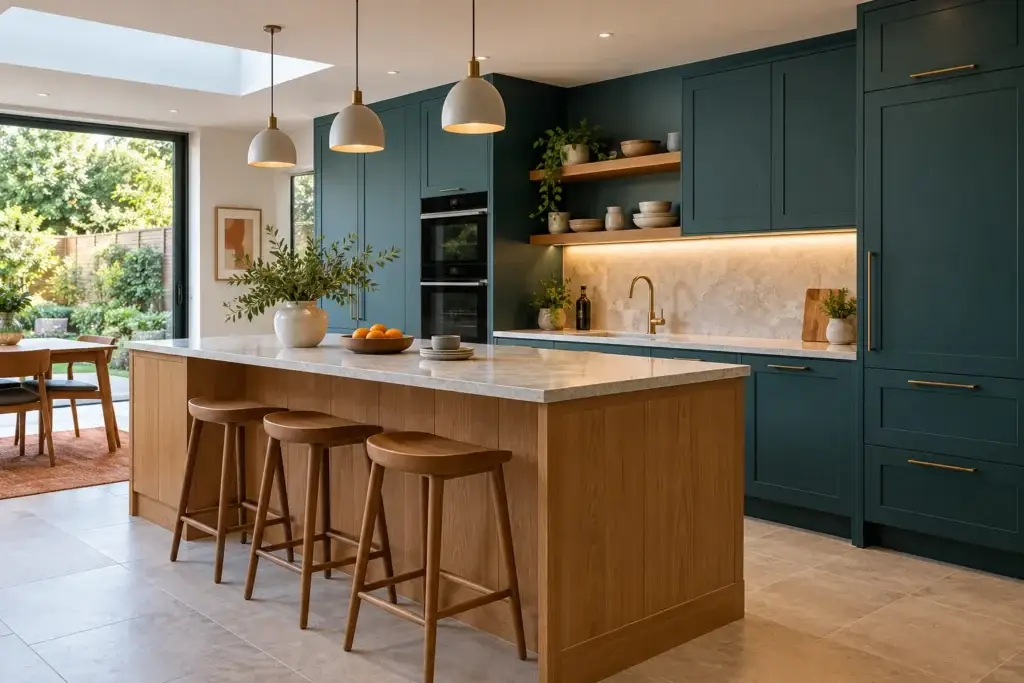 Teal tall cabinetry with built-in ovens, floating oak shelves and an oak island with stone worktop