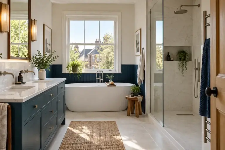 Refurbished bathroom with freestanding bath, navy panelling, double vanity and walk-in shower