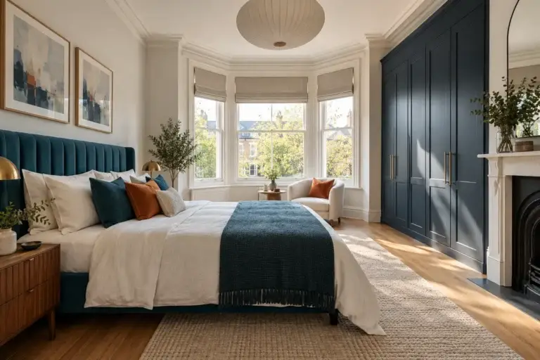 Bedroom with navy fitted wardrobes, teal upholstered bed and a bay window with Roman blinds