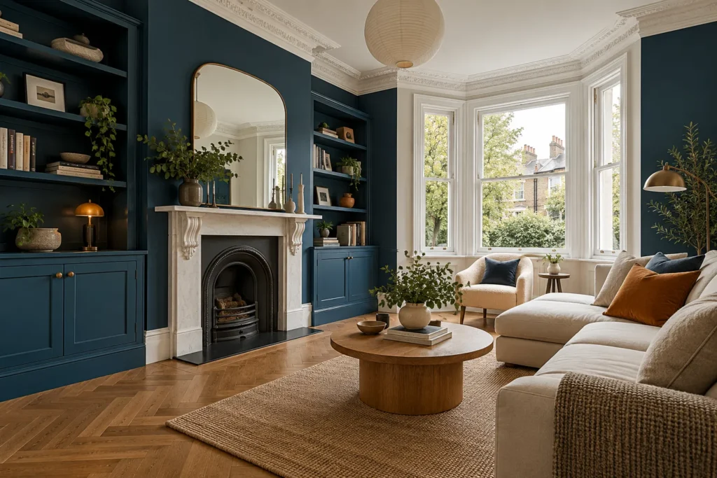 Period living room with navy alcove joinery, marble fireplace, herringbone floor and bay window