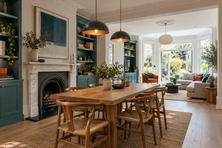 Open-plan dining and living room with teal alcove units, marble fireplace and oak dining table