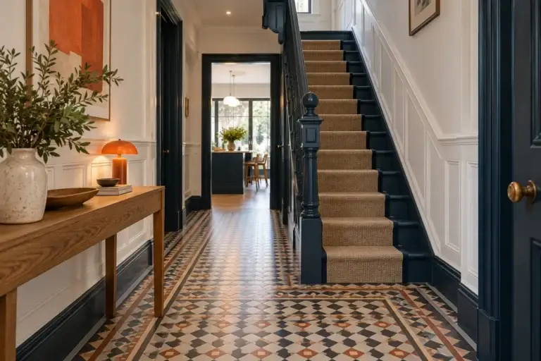 Victorian hallway with geometric floor tiles, navy painted staircase and white wall panelling